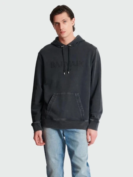 Balmain - Canguro con capucha bordada efecto vintage Gris