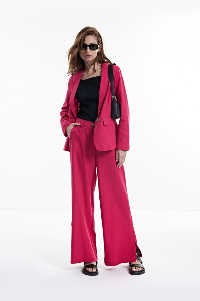 Pantalón ancho de lino con tajos fucsia