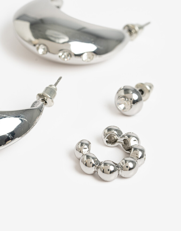 Aros Sets Strass Aros Argolla Set Metal Y Strass - Plateado Rodio
