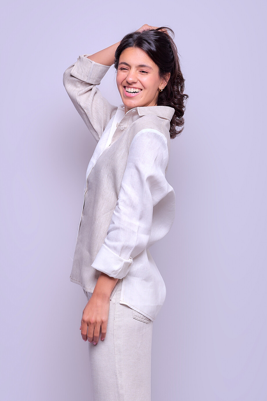 Camisa Suspiro en Lino Combinada Blanco con Beige