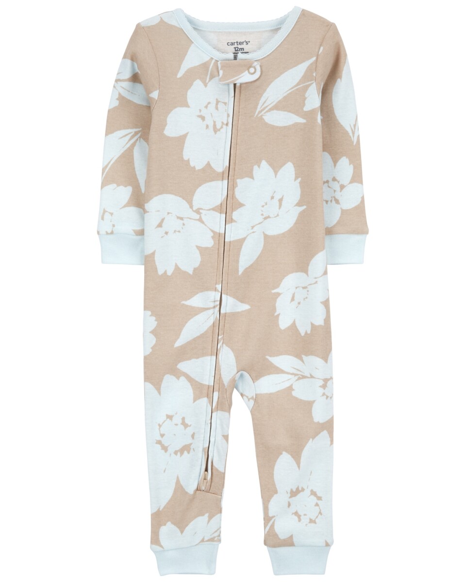 Pijama una pieza de algodón, beige, diseño floral. Talles 2-5T 