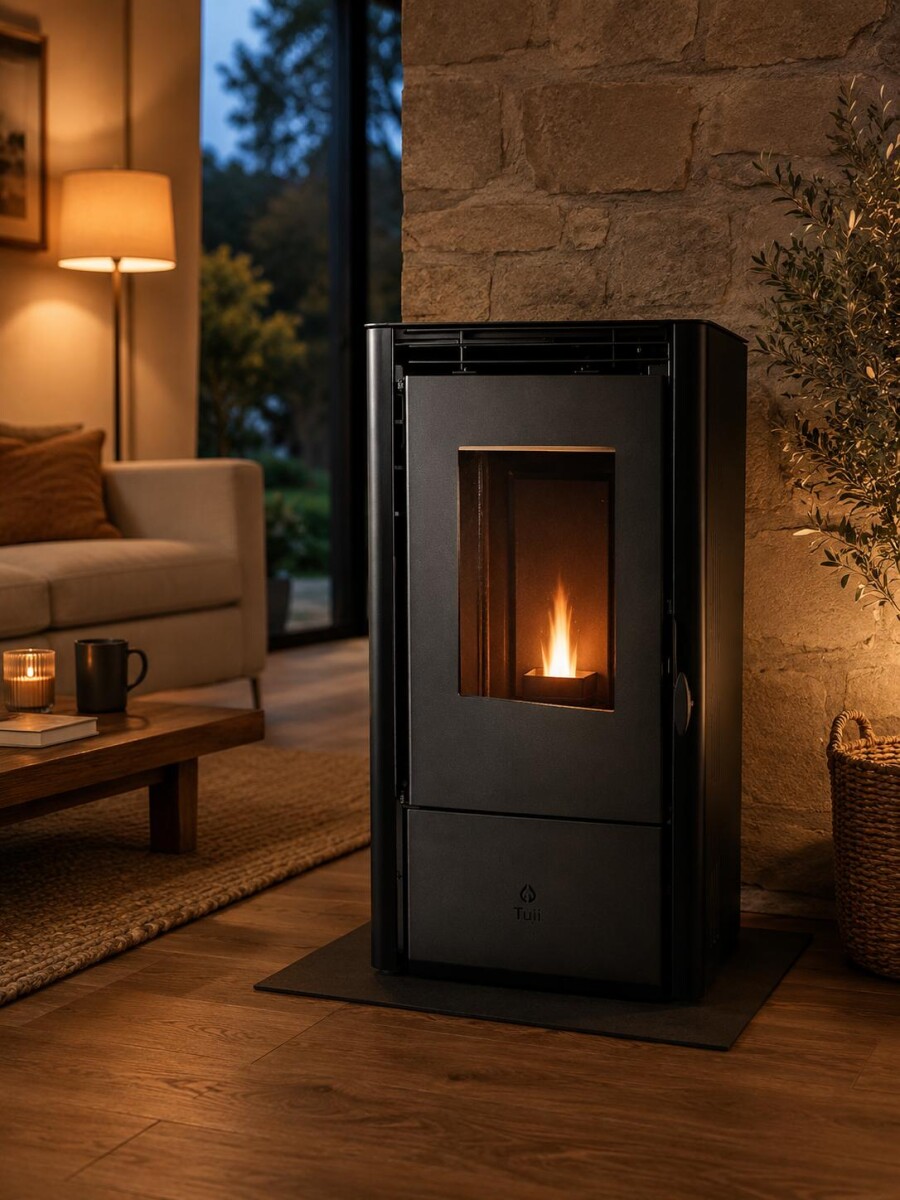 Calefactor Selma a pellet WiFi - con Kit de techo 6kW - Negro 