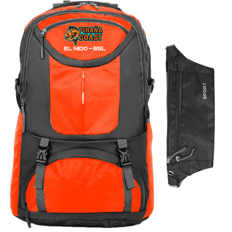 Mochila Camping El Nido 65 L + Riñonera Trekking Naranja
