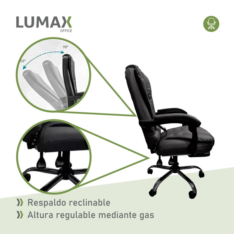 Silla Ejecutiva en cuero Lumax Modelo Miles con Apoyapies y 2 Puntos de Masaje Negro
