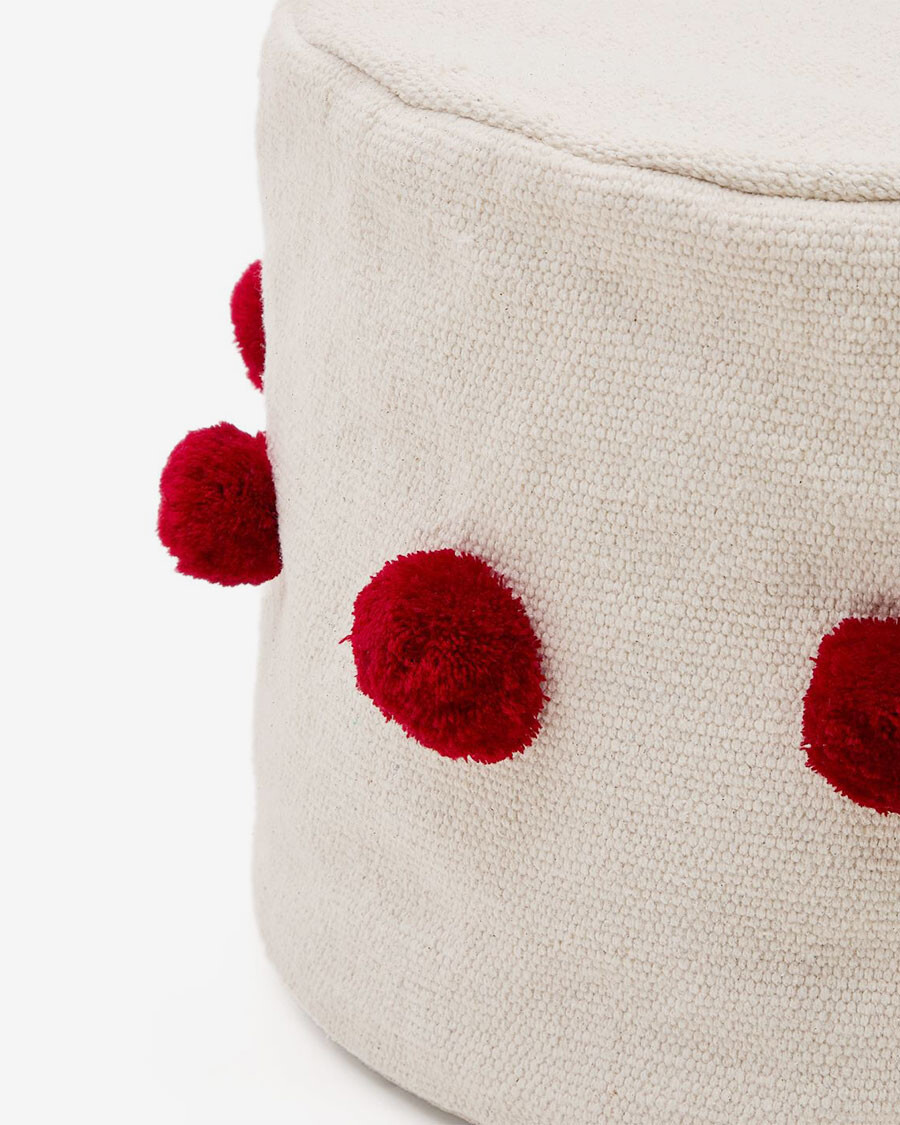 Puf Manua de algodón beige con borlas rojo Ø 40 cm