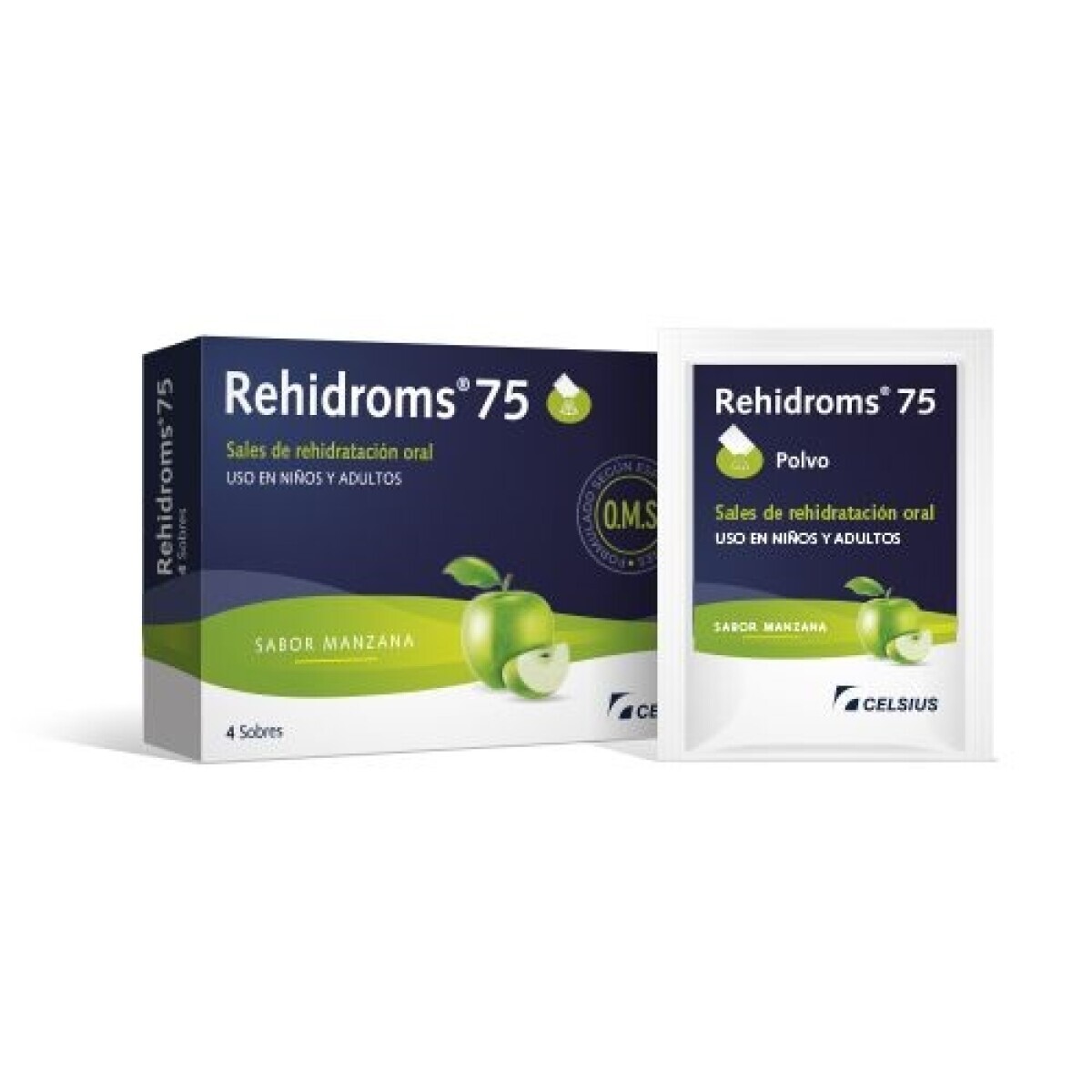 Rehidroms 75 Sabor Manzana 4 Sobres - Sales de Rehidratación Oral 