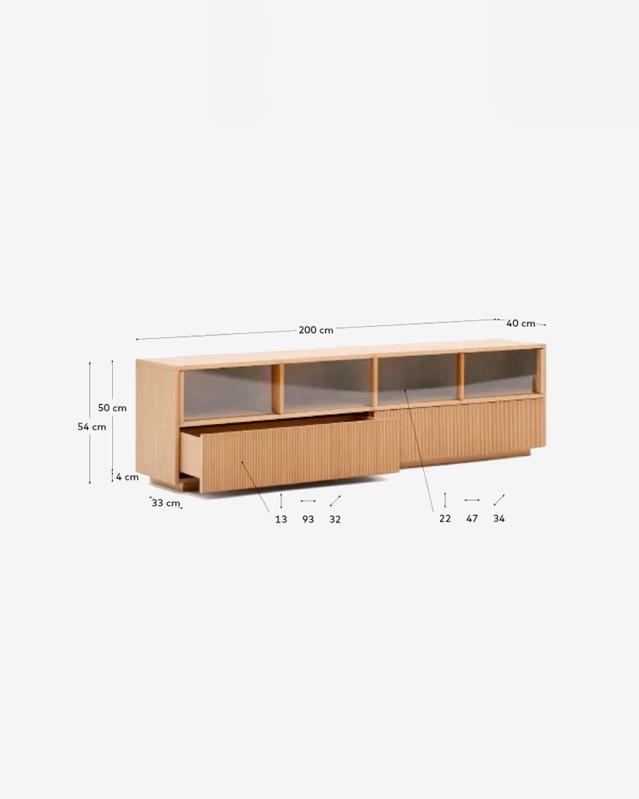 Mueble TV Helvine 4 puertas y 2 cajones chapa de roble y cristal templado 200x54cm FSC 100% Mueble TV Helvine 4 puertas y 2 cajones chapa de roble y cristal templado 200x54cm FSC 100%