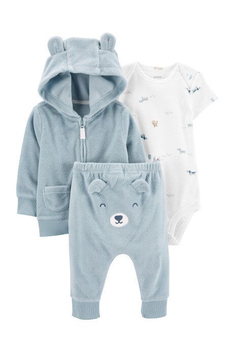 Set tres piezas campera y pantalón de terry más body, diseño perro Set tres piezas campera y pantalón de terry más body, diseño perro