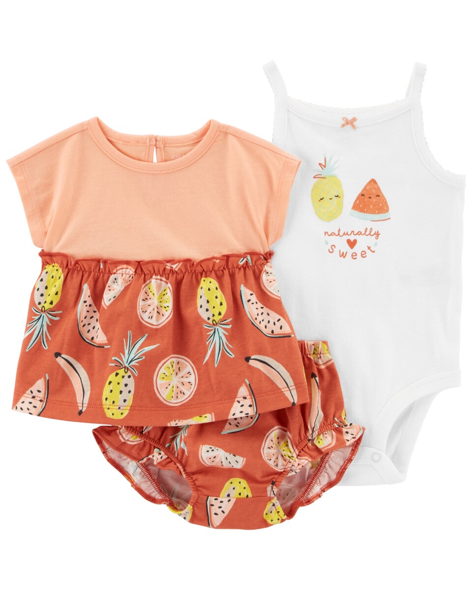Set Carters 3 Piezas Short Remera Body de Algodón Fruta - NARANJA 