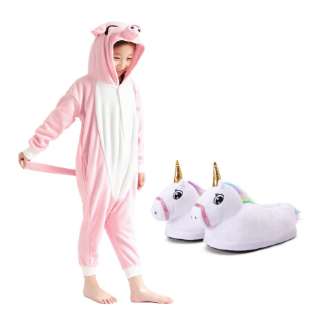 Set Infantil con Pijama Entero Cerdito + Pantuflas Unicornio Blanco