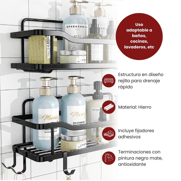 Estante Organizador Baño Ducha Set X2 Adhesivo Con Ganchos Imback Color Negro Estante Organizador Baño Ducha Set X2 Adhesivo Con Ganchos Imback Color Negro