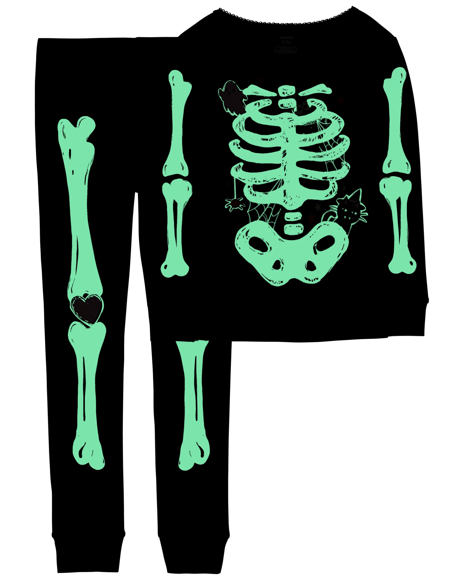 Pijama dos piezas de algodón, diseño esqueleto resplandeciente con fantasma y gato de Halloween. Talles 6-8 Sin color