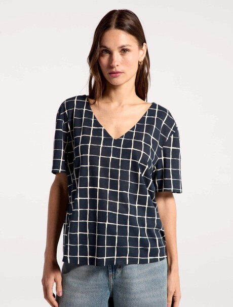BLUSA DE CUELLO EN V CON ESTAMPADO AZUL