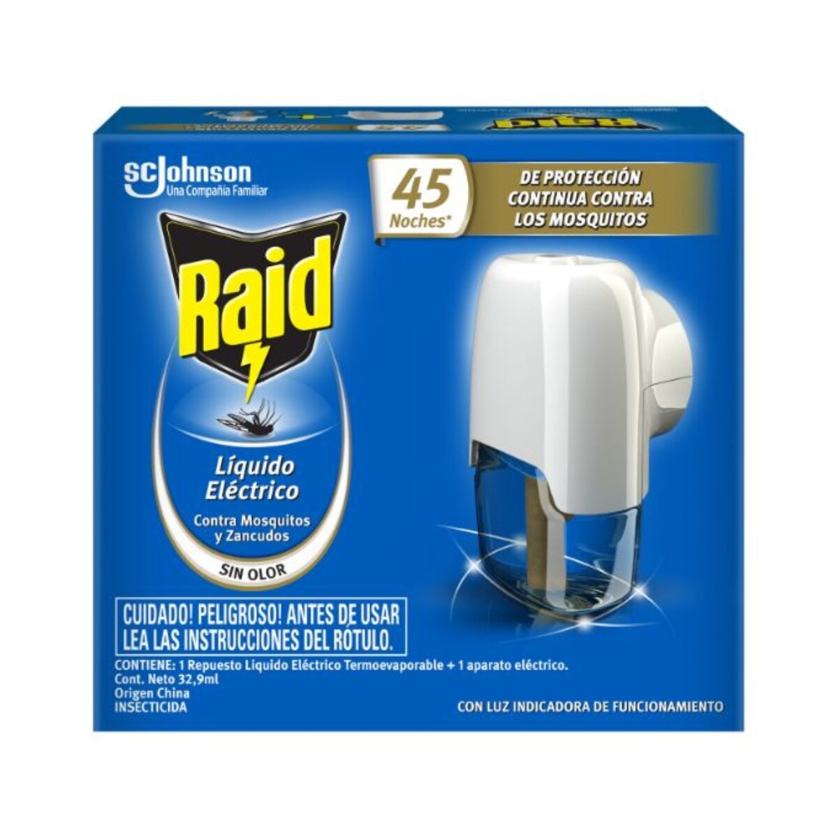 Aparato Eléctrico Insecticida Raid Líquido + Repuesto 45 Noches 32.9 Ml 