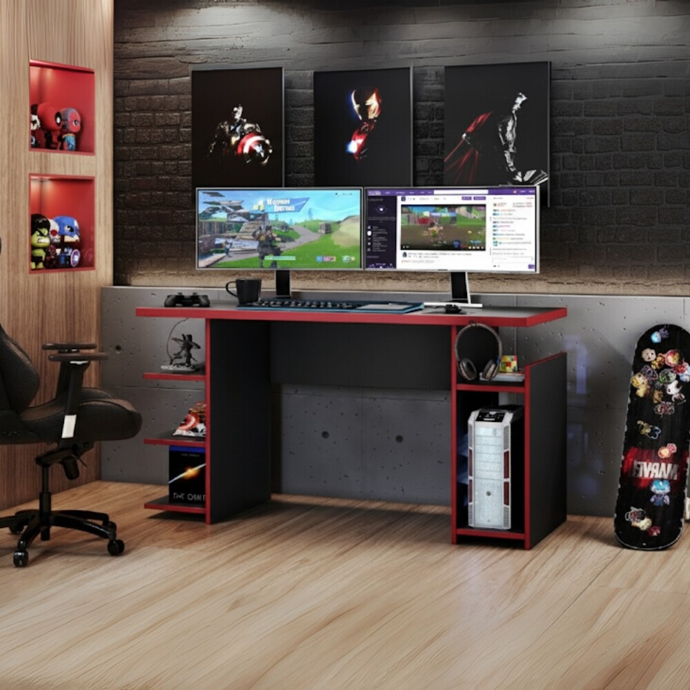 Escritorio gamer / tapa 25 mm / soporte para auriculares ROJO