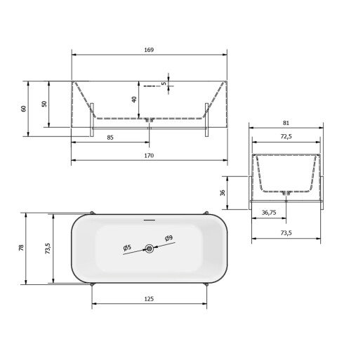 BAÑERA SIMPLE RECTANGULAR BLANCO ACRILICO 75X170 PIEZA BLANCO