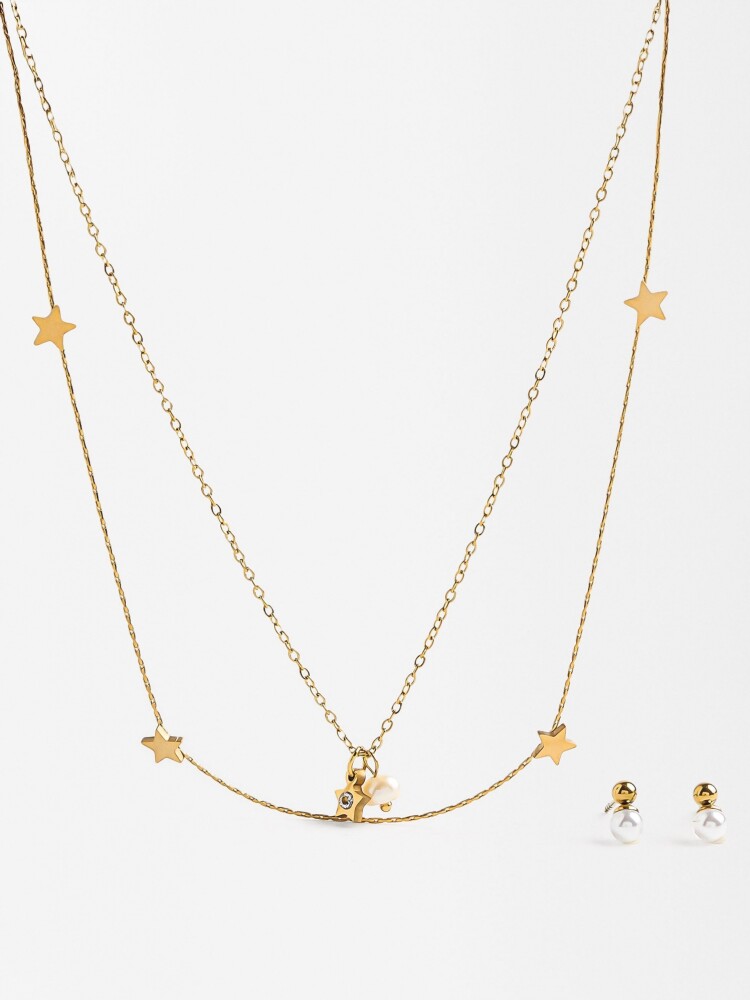 Set De Collar Con Pendientes Perla - Acero Inoxidable dorado