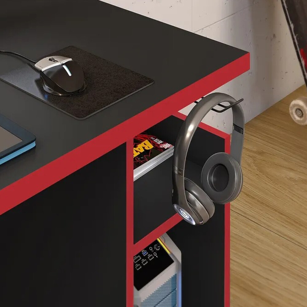 Escritorio gamer / tapa 25 mm / soporte para auriculares ROJO
