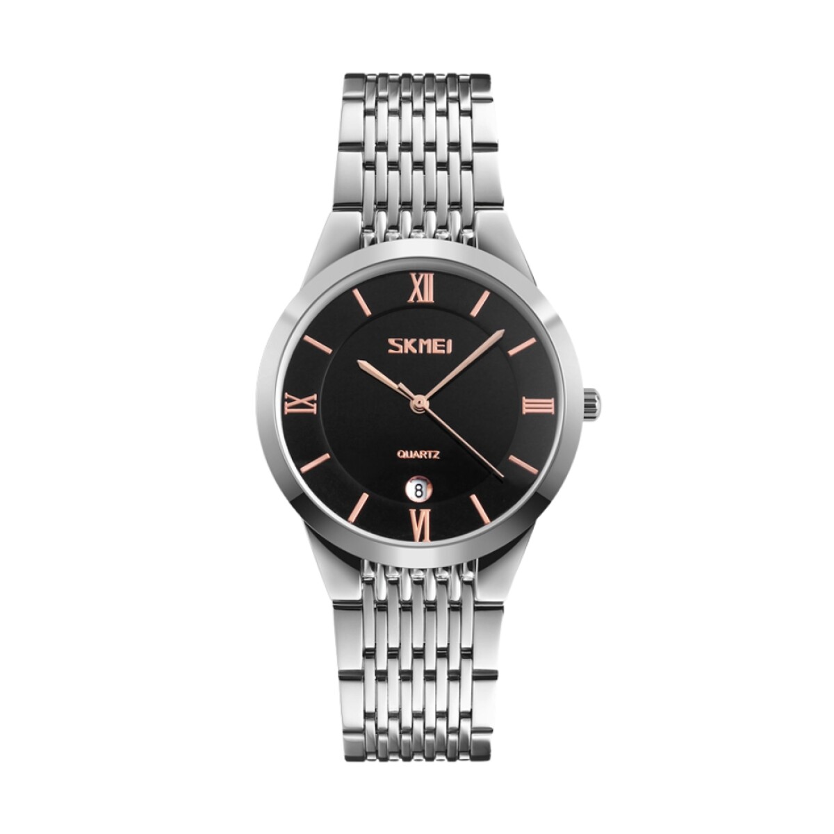 Reloj Skmei 9139BKGD-B analógico en acero plateado con esfera negra y marcadores dorados rosé (caja clásica 38 mm) - Plateado 