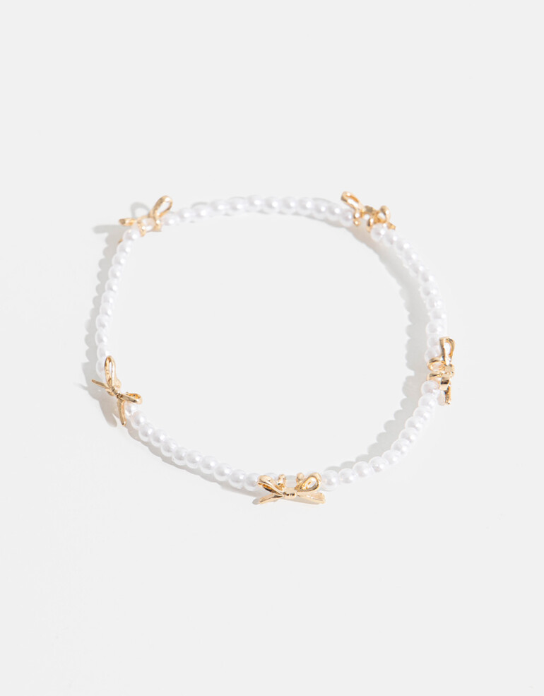 Pulseras Elásticas Perla Pulsera De Perlas Con Moños - Dorado