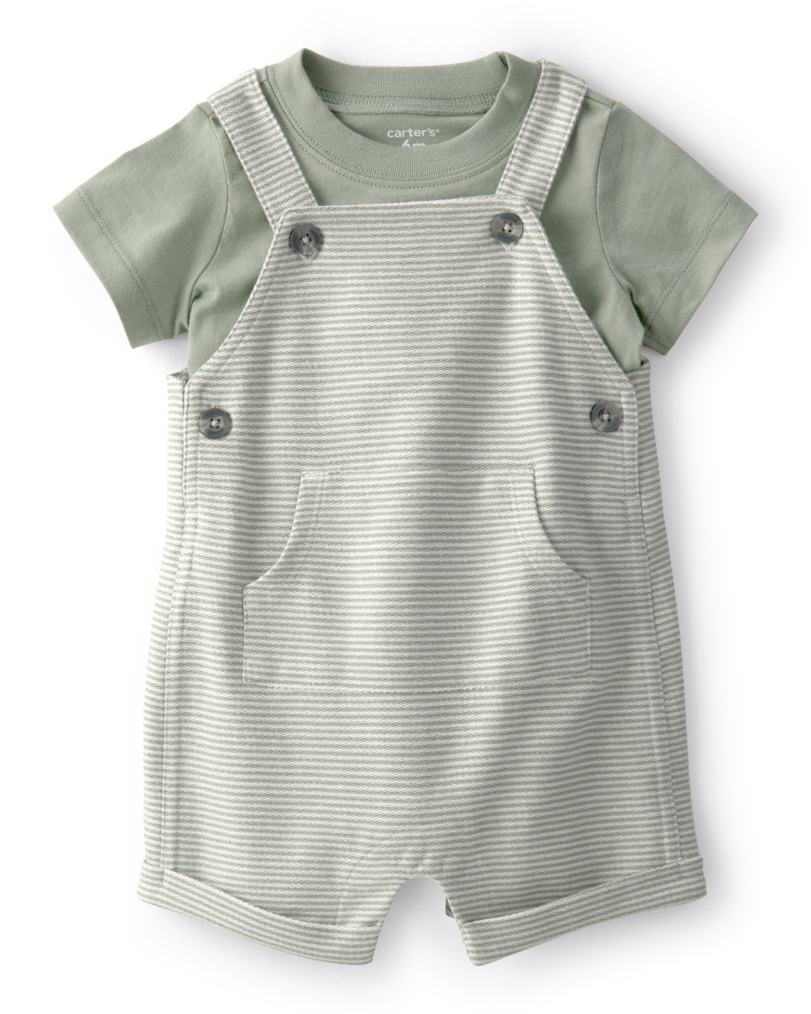 Set dos piezas de algodón, enterito corto y remera, diseño a rayas, verde Sin color