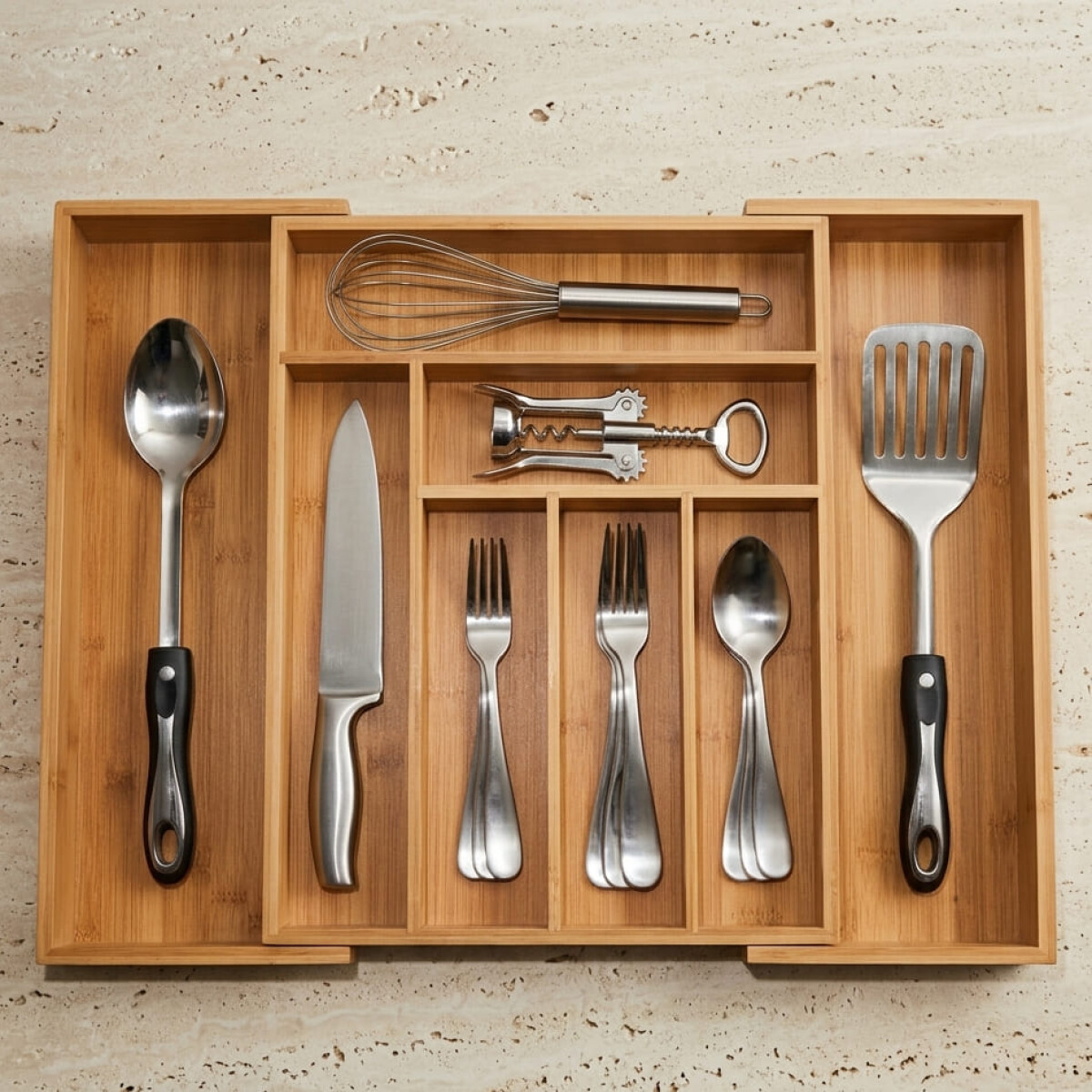 Organizador de cajones y cubiertos bambú extensible 