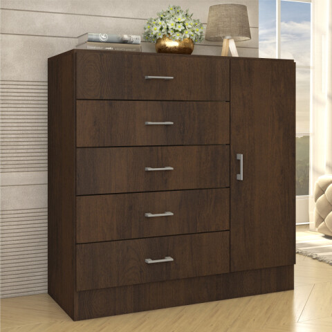 Comoda Cajonera para Dormitorio de 5 Cajones 1 Puerta y 1 Estante interno - FE - Marron Comoda Cajonera para Dormitorio de 5 Cajones 1 Puerta y 1 Estante interno - FE - Marron