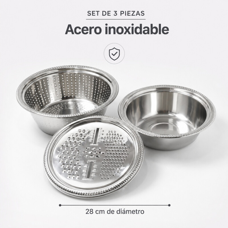 Set de 3 Piezas de Bowl Colador y Rallador en Acero Inoxidable Set de 3 Piezas de Bowl Colador y Rallador en Acero Inoxidable