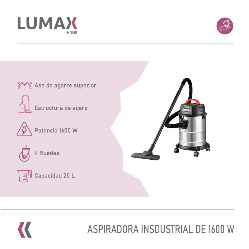 Aspiradora Industrial Lumax 1600w Acero Inox 20l Agua Polvo Aspiradora Industrial Lumax 1600w Acero Inox 20l Agua Polvo