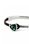 PULSERA FINA CON ALEACIÓN DE METALES BAÑADA EN PLATA DE LEY CON CUERO Y CRISTAL FACETADO VERDE Pulsera