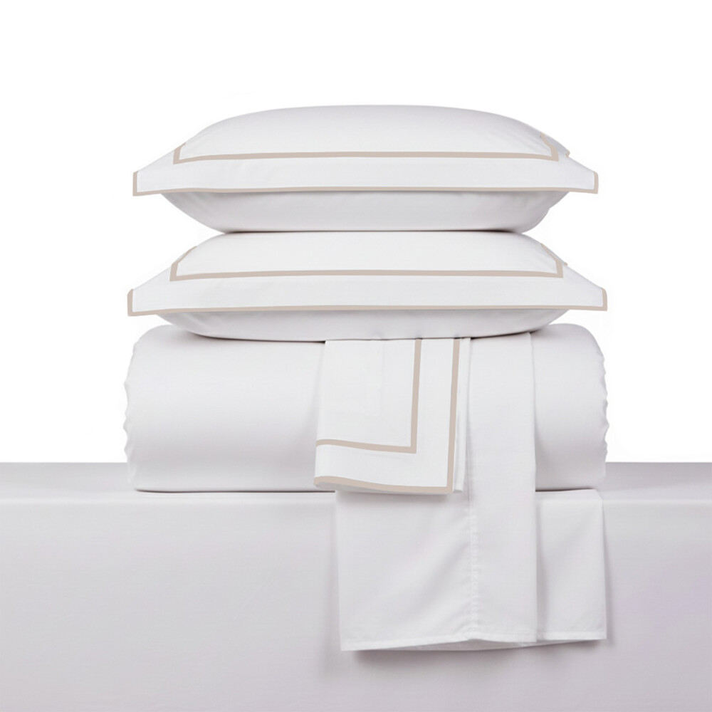 Juego de Sabana 2 Plazas Basic Color Block 200 Hilos - Pilar Blanco/Beige