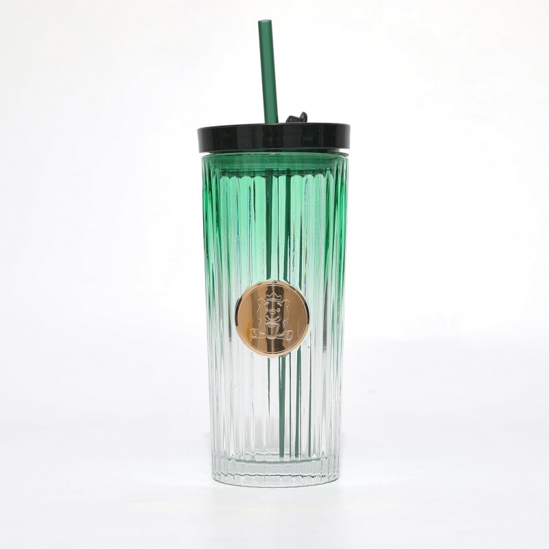 VASO VIDRIO ACANALADO CON PAJITA Y TAPA (VERDE/470 ML) VASO VIDRIO ACANALADO CON PAJITA Y TAPA (VERDE/470 ML)