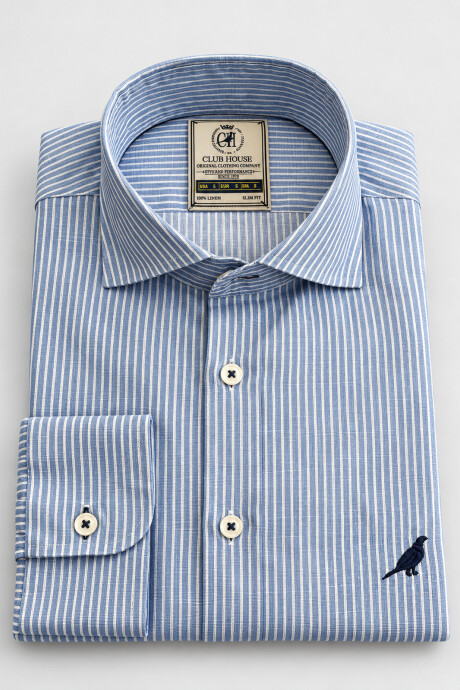 Camisa Lino Hudson Collar Rayas Azul Oxford