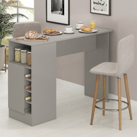 Mueble Barra Desayunador con Estantería y Vinera - MDP Cinza
