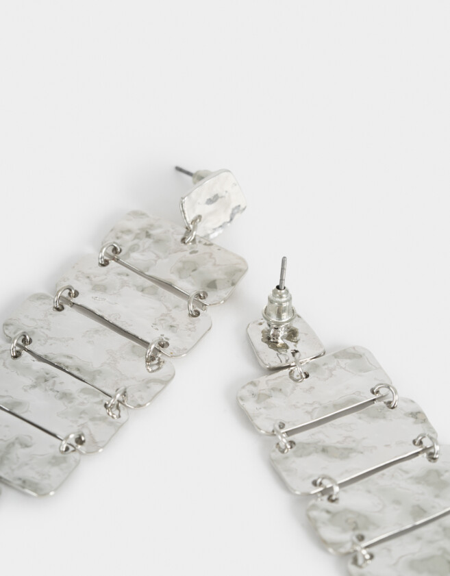 Aros Colgantes Largos Metal diferenciado Aro Largo Chapón Rectangular - Plateado Plata Cepillada