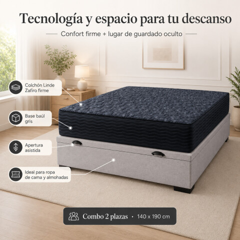 Sommier Baúl 2 Plazas Gris con Colchón Linde Zafiro 140x190 Firme Sommier Baúl 2 Plazas Gris con Colchón Linde Zafiro 140x190 Firme