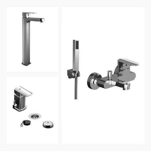 Juego De Griferia Completo, Incluye Ducha Exterior,Lavatorio Alto Y Bidet Linea Fresia Fv 000