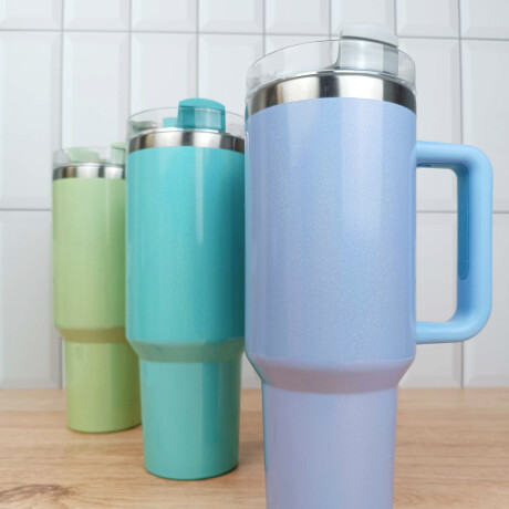 Vaso termico de acero con asa Celeste