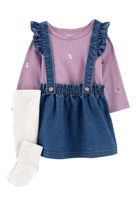 Set tres piezas jumper jean, blusa y medias de algodón Set tres piezas jumper jean, blusa y medias de algodón