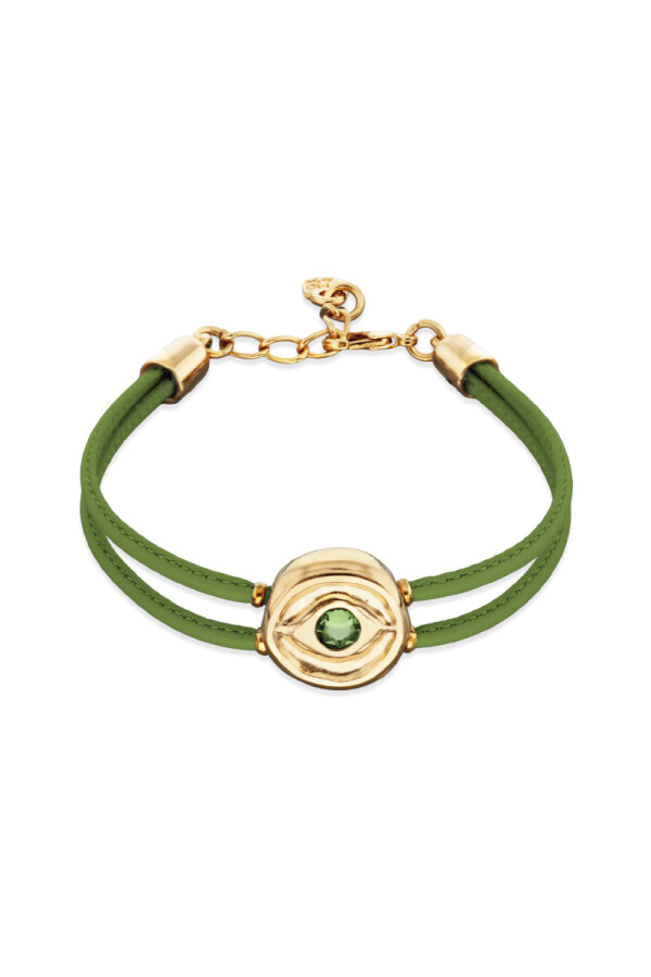 PULSERA DE CUERO DOBLE VERDE CON DETALLE DE OJO EN ALEACIÓN DE METALES BAÑADO EN ORO 18K Y CRISTAL Pulsera