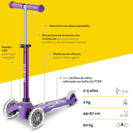 Monopatín Micro Mini Deluxe LED Ajustable con 3 Ruedas Purpura