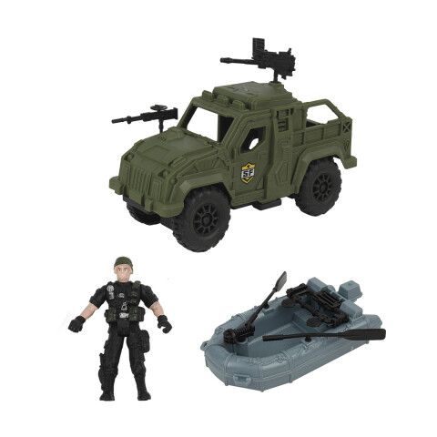 Camioneta Todoterreno Militar con Lancha y Soldado U
