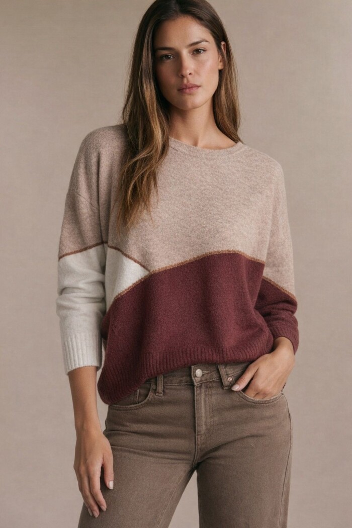 Sweater Intarsia Color Block Burdeos