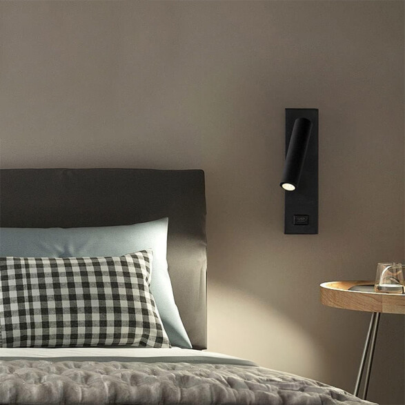 Aplique pared LED negro spot 3W cálido +puerto USB IX9256