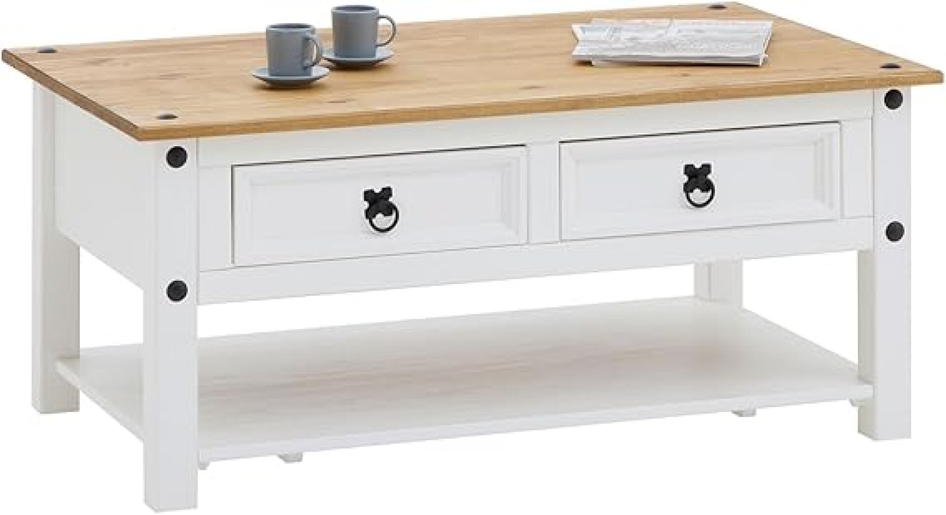Mesa de centro ESTILO MEXICANO 2 cajones Color CERA BLANCO 
