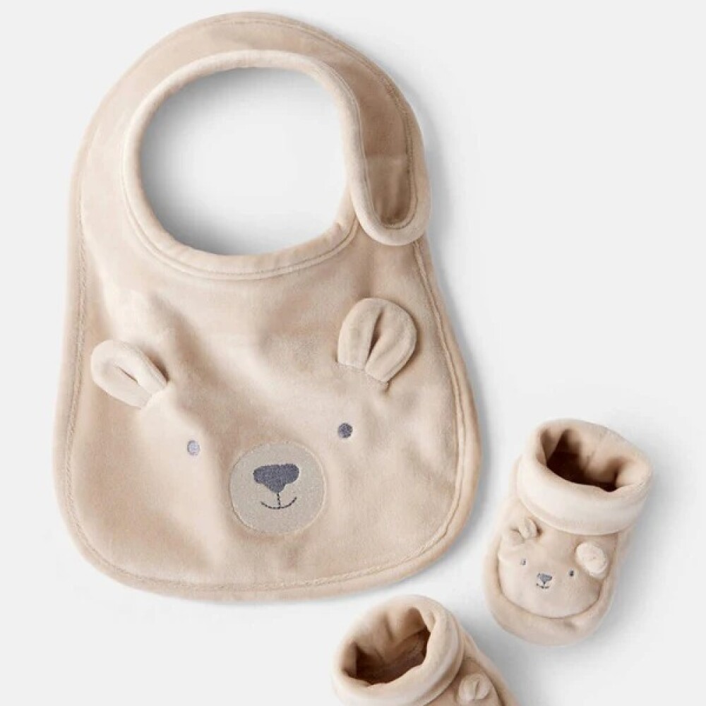 Set babero y zapatitos primer muda Carters beige