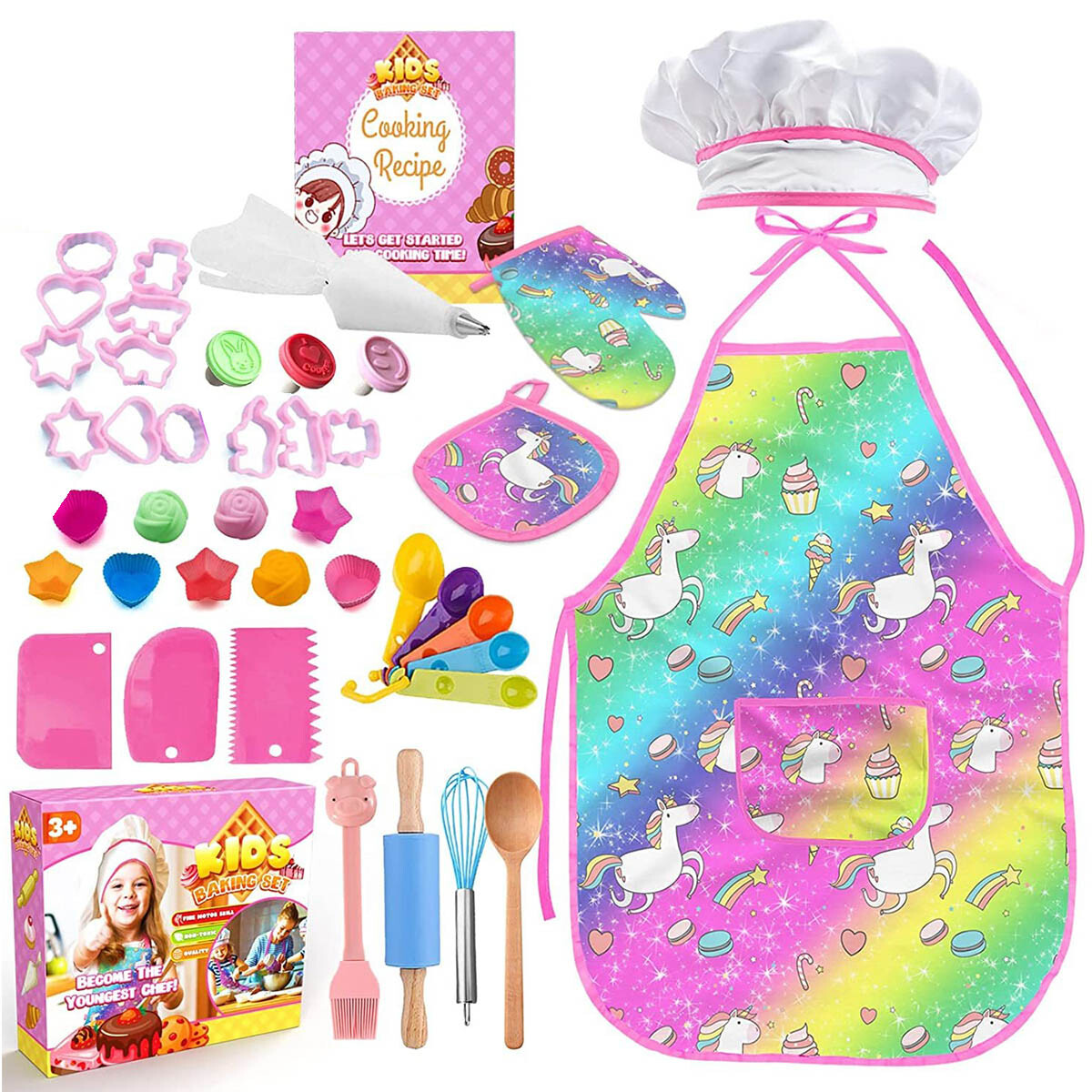 Set N°5 Cocina Niños Delantal + Gorro + 40 Piezas - Rosa 