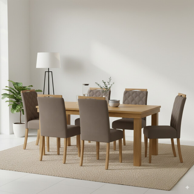 Juego de comedor mesa en madera maciza - 6 sillas tapizadas Juego de comedor mesa en madera maciza - 6 sillas tapizadas