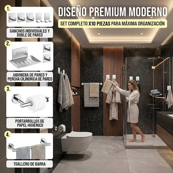 Set De Accesorios Para Baño Juego 10 Piezas Acero Inoxidable IMBACK Color Plateado Set De Accesorios Para Baño Juego 10 Piezas Acero Inoxidable IMBACK Color Plateado