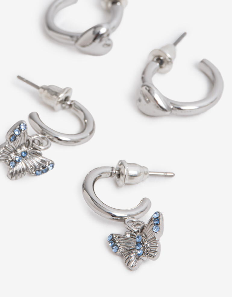 Aros Argollas Set Con Dijes Aros Argolla Set Mariposa - Plateado Rodio